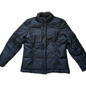 Gap Puffer Down Feather Coat Womens M Black Full Zip Snap Front Collared Jacket